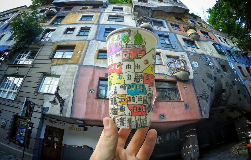 Seniman Ini Keliling Dunia Sambil Lukis Objek Wisata di Cangkir Kopi Kertas