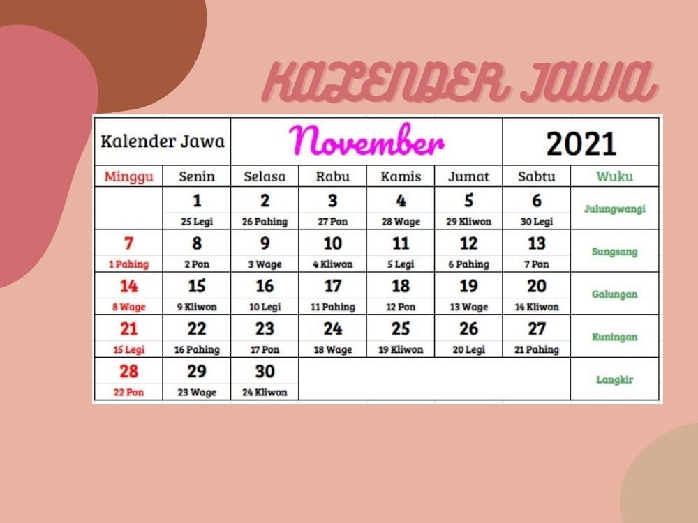 2021 tanggalan jawa november Kalender 2021