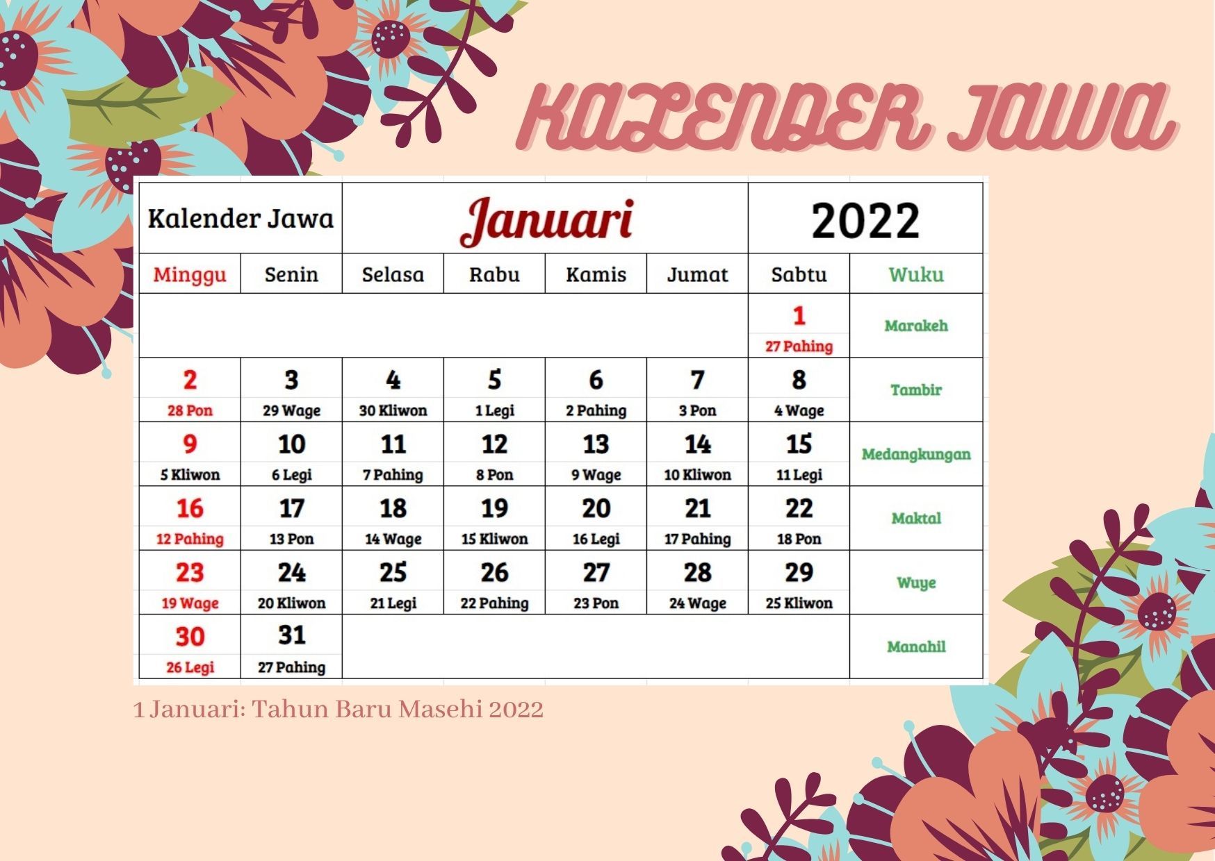 Kalender januari 2022 lengkap dengan tanggal merah