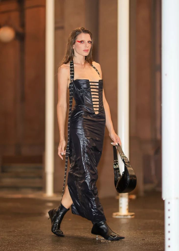 Julia Fox wore a leather dress with slits ahead of New York Fashion Week