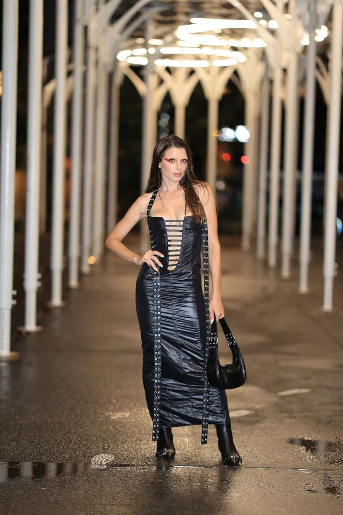Julia Fox wore a leather dress with slits ahead of New York Fashion Week