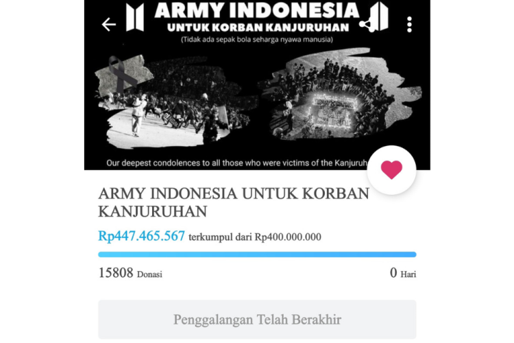 ARMY Indonesia Galang Donasi untuk Korban Kerusuhan Kanjuruhan